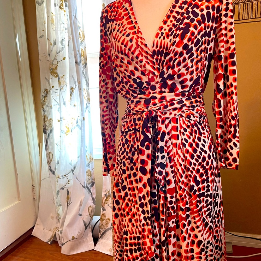 Vibrant orange/brown animal print dress with wide waist fabric tie. Size: medium